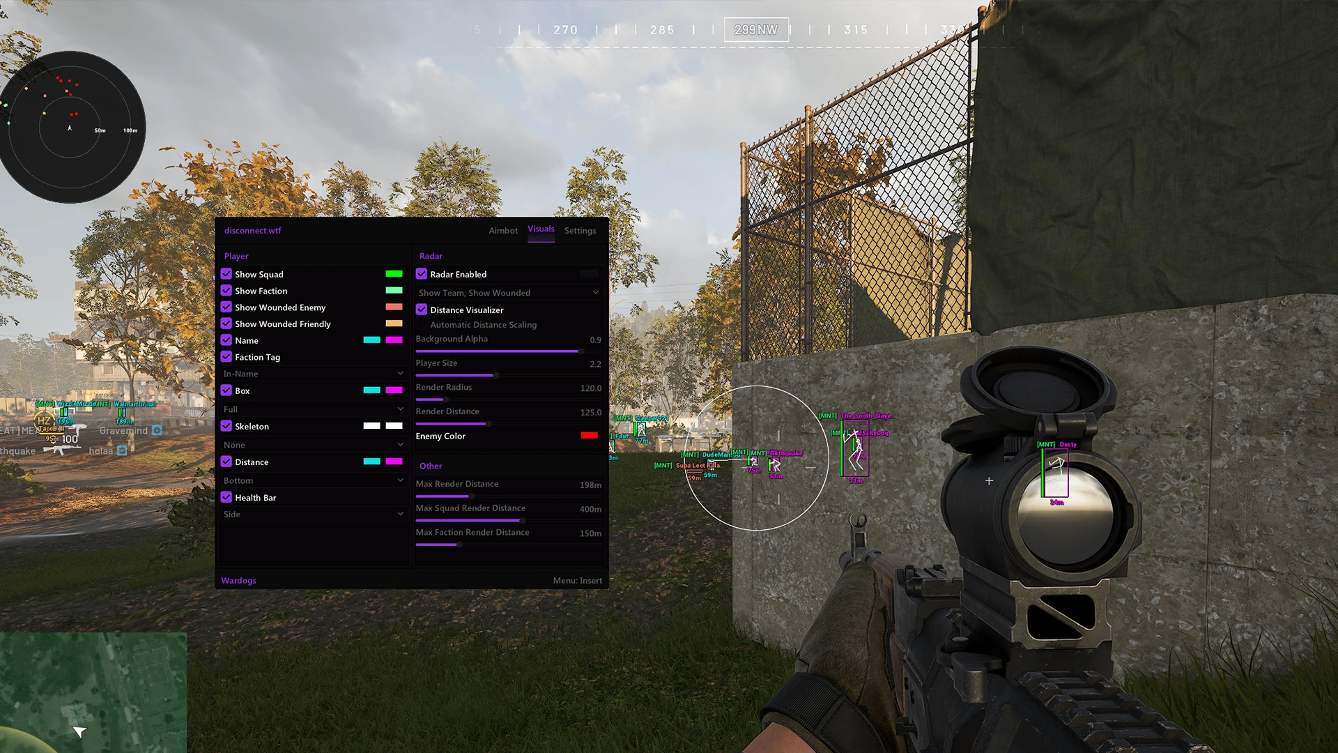 Disconnect Wardogs Visuals menu with radar controls, squad and faction colors, and a circular radar in the upper-left corner