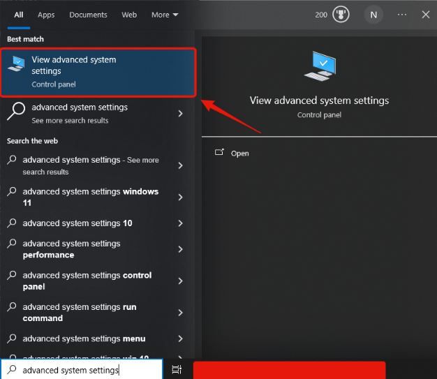 Windows search result for View advanced system settings