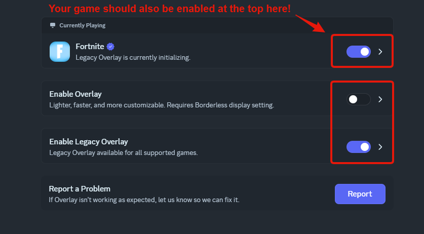 Example detected-game overlay enabled alongside the Legacy Overlay switch
