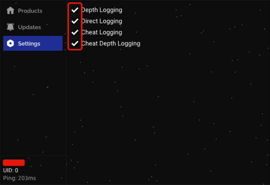 Loader Settings with Depth Logging, Direct Logging, Cheat Logging and Cheat Depth Logging selected