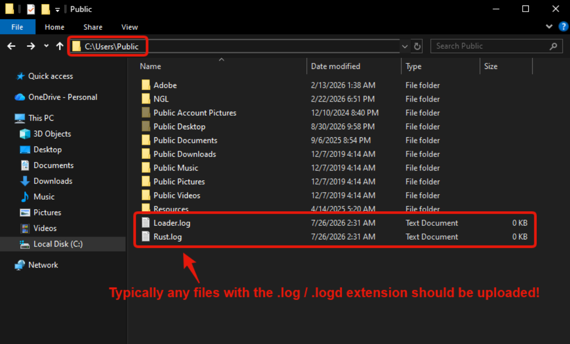 File Explorer at C:\Users\Public with loader and cheat log files highlighted