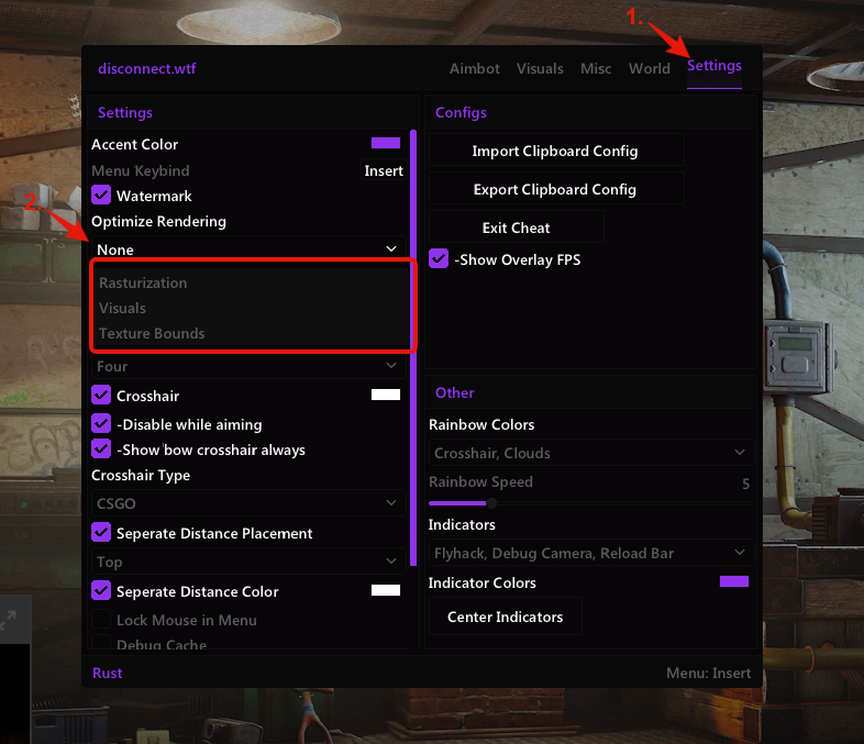 Disconnect Settings showing Optimize Rendering options Rasterization, Visuals and Texture Bounds