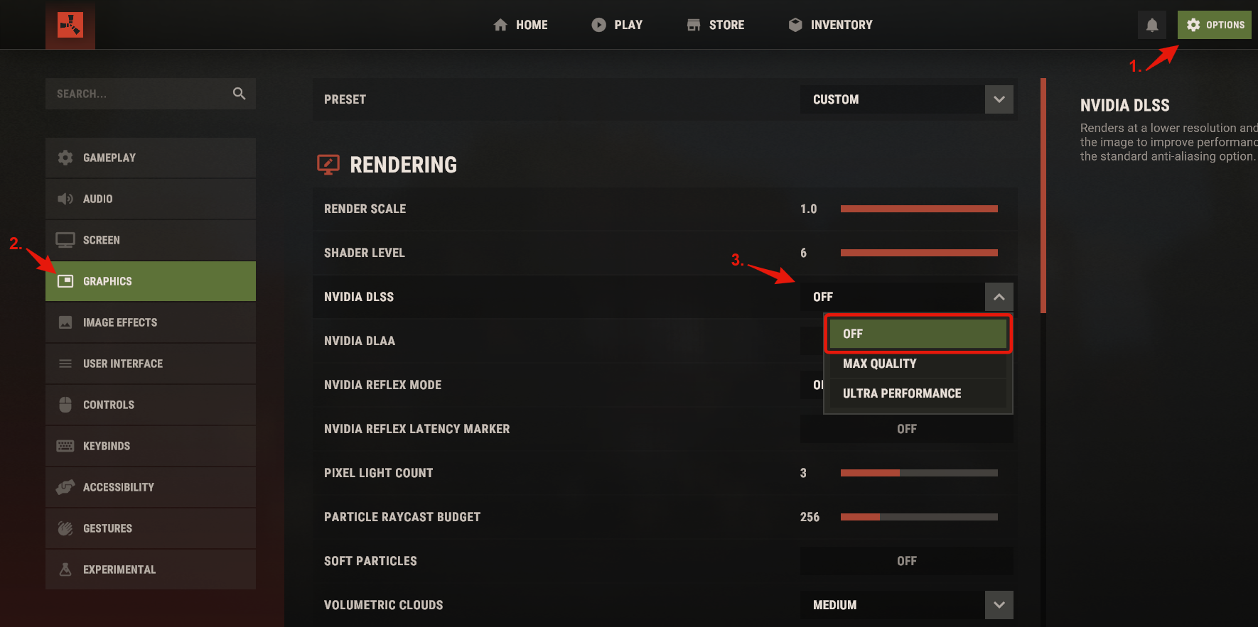 Rust graphics setting with NVIDIA DLSS set to Off