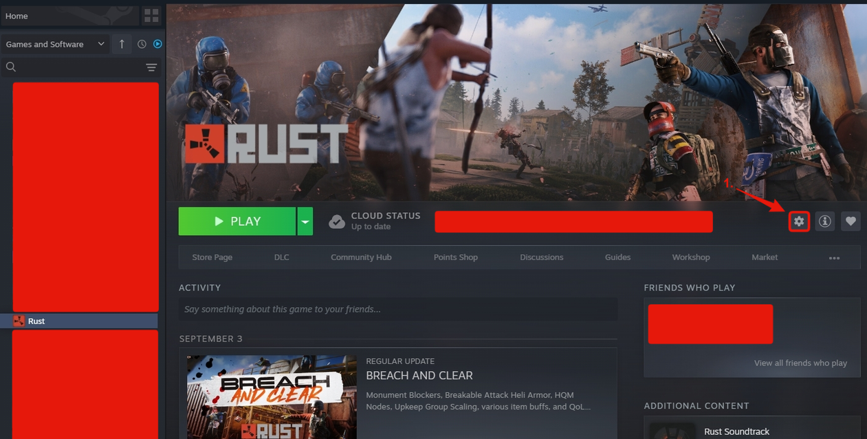 Rust in Steam with its game-properties menu highlighted