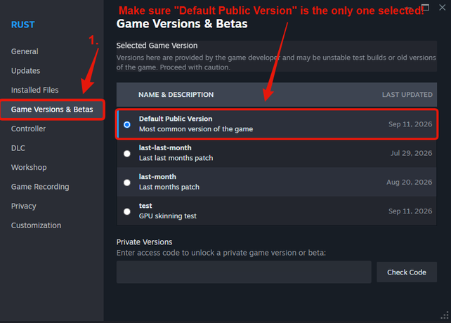 Rust Game Versions and Betas with Default Public Version selected