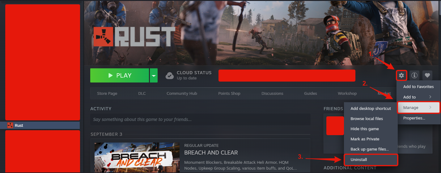 Steam Rust menu showing Manage and Uninstall