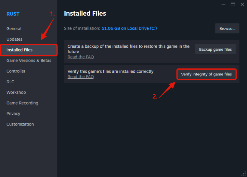 Rust Installed Files page with Verify integrity of game files highlighted
