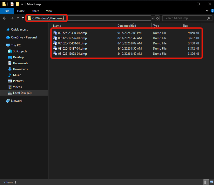 Windows Minidump directory and its crash-dump files