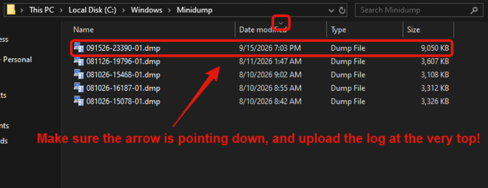 Crash dumps sorted by Date modified descending with the newest file selected