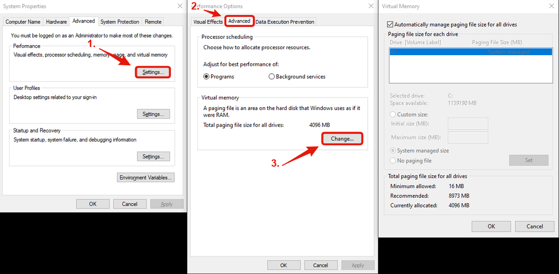 Numbered route through Advanced system properties, Performance and Virtual memory settings