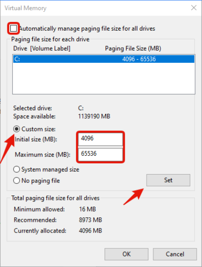 Custom paging file with initial size 4096 MB and maximum size 65536 MB
