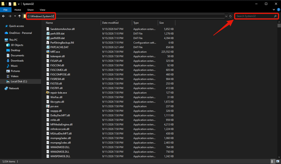 File Explorer showing the Windows System32 path and filename search box