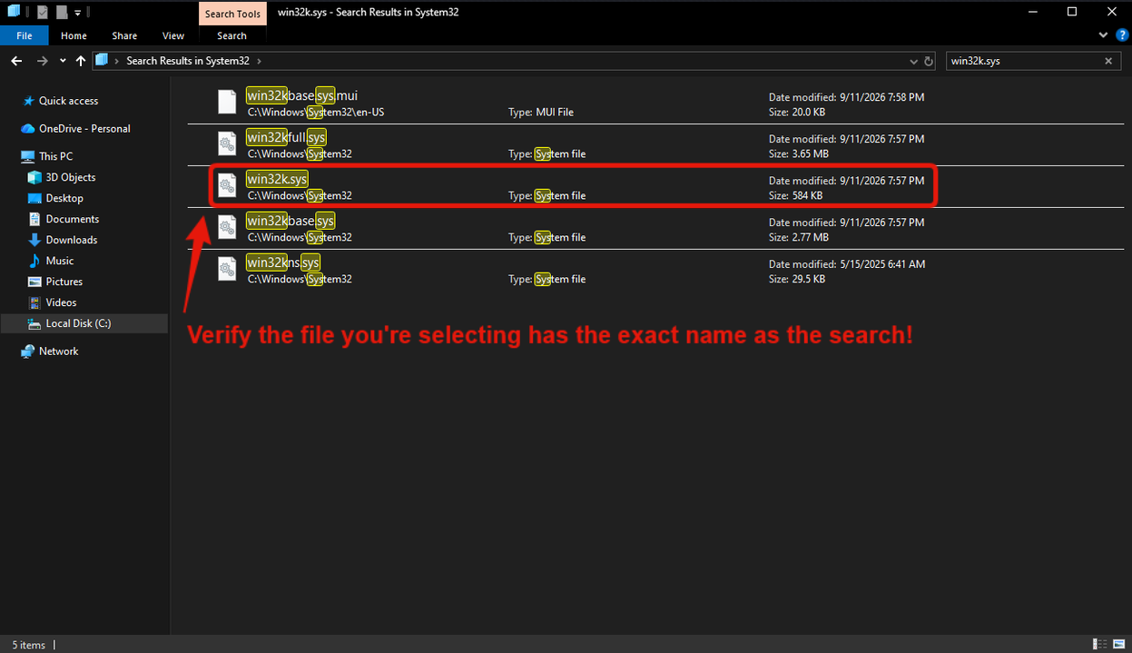 System-file search result with the exact requested filename highlighted