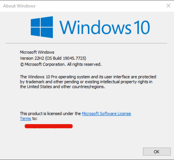 Example winver dialog showing Windows edition, version and OS build