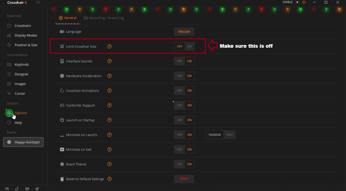 Crosshair X General options with Limit Crosshair Size set to OFF and highlighted