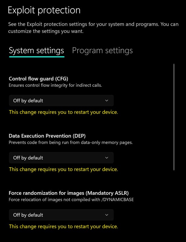 Exploit protection settings
