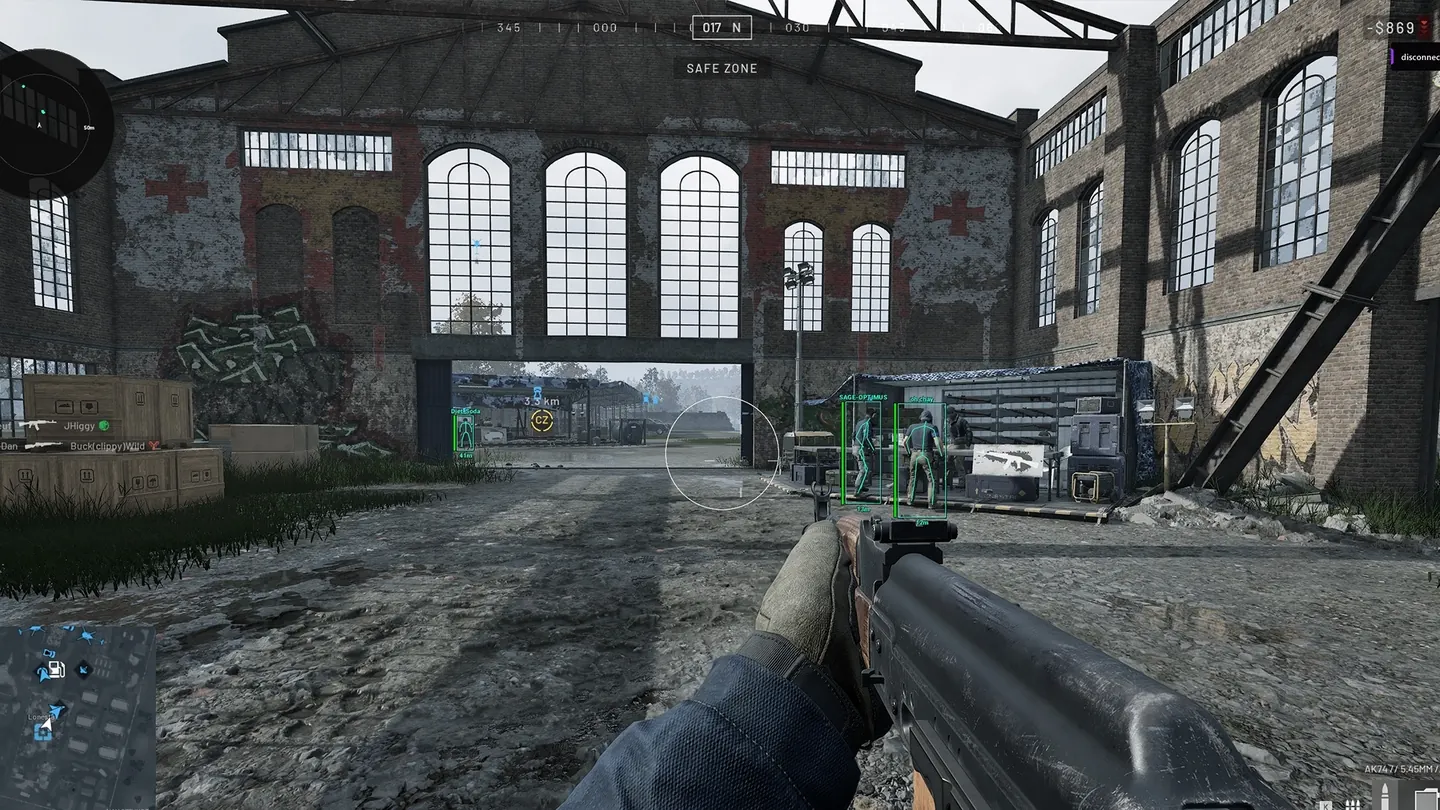 Disconnect Wardogs External showing player boxes, skeletons, names and distance labels inside a warehouse