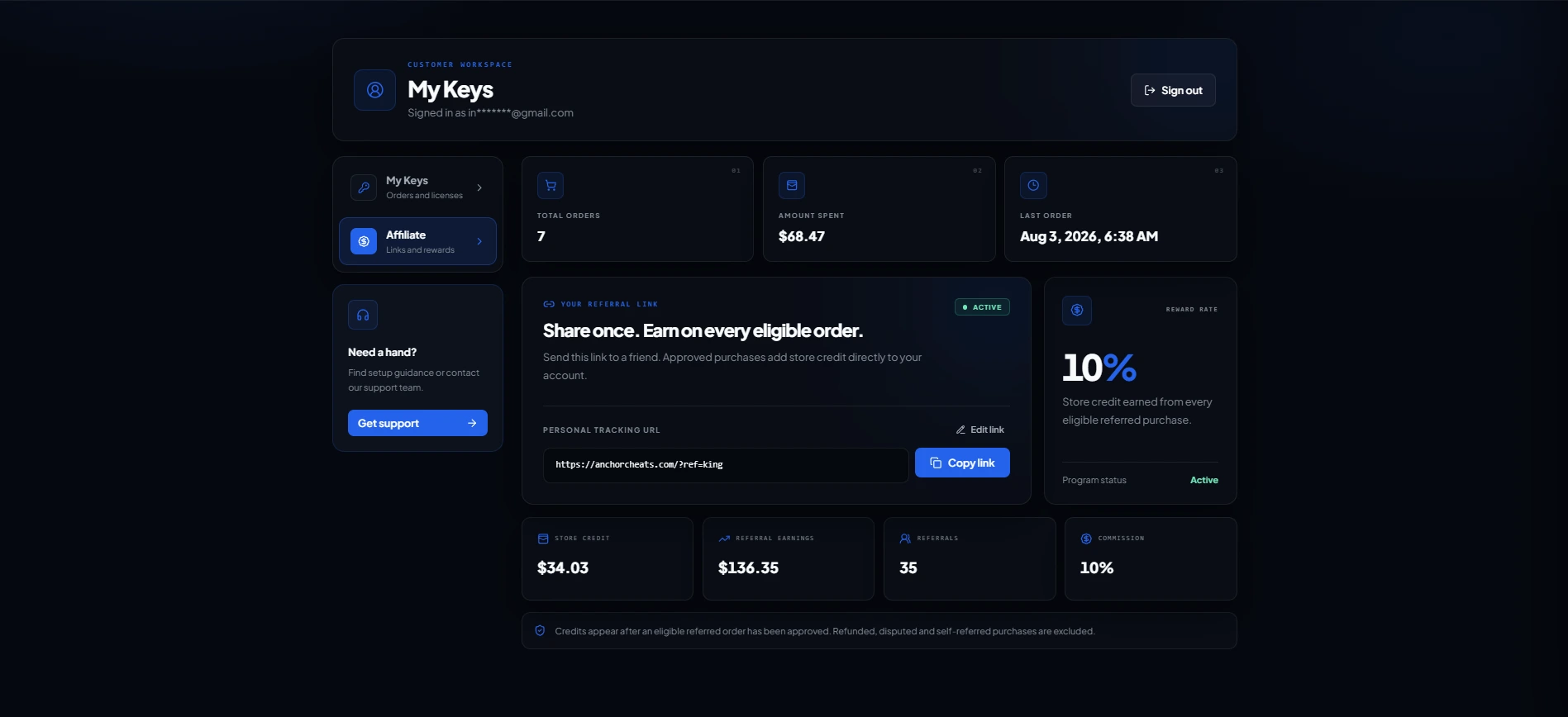Anchor Cheats affiliate dashboard showing a referral link, store credit, earnings and commission